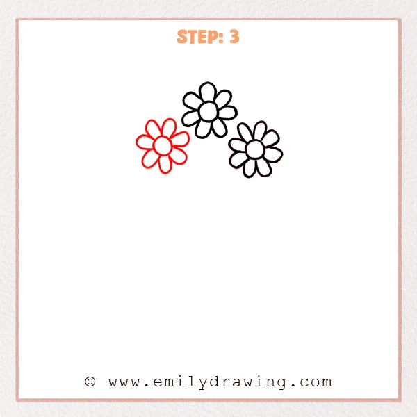 how to draw a flower vase - Step 3 of how to draw a flower vase: a third simple flower is added, creating a fuller bouquet arrangement.